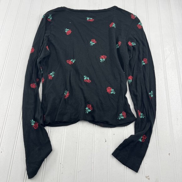 Victorias Secret Pink Rose Print Knot Front Long Sleeve Top S Cotton/Modal Black - Picture 5 of 5